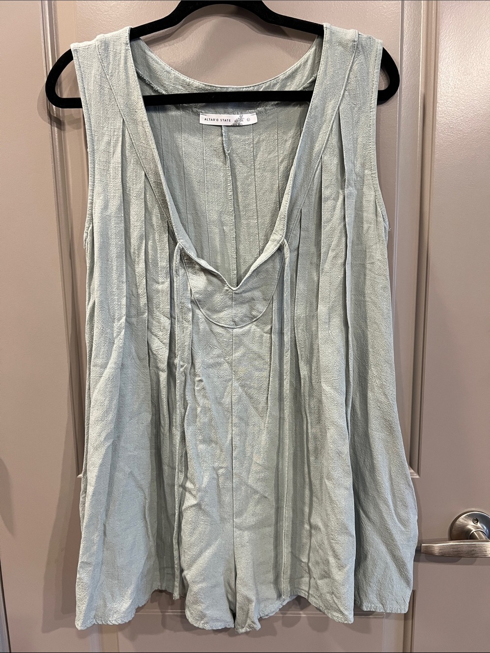 Altar'd State Sage Green Pleated Romper with Front Tie L